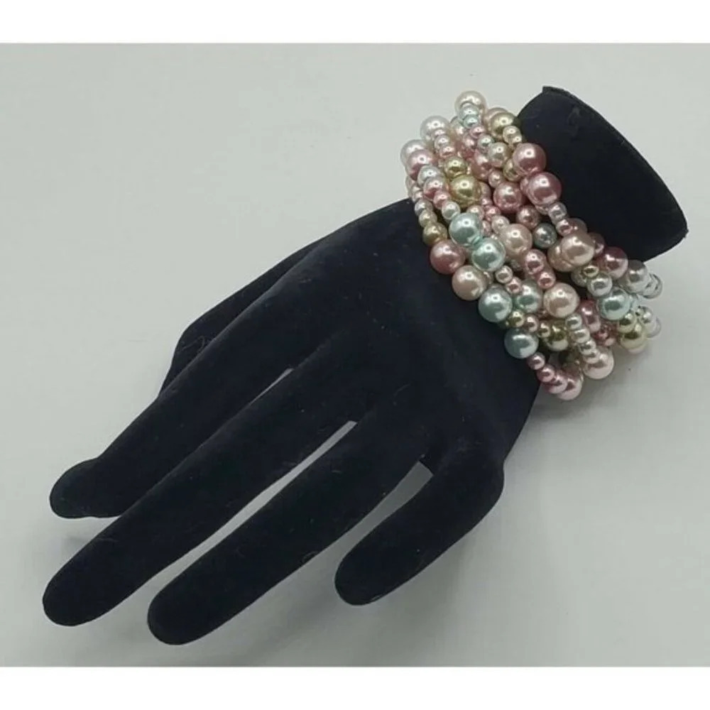 Vintage? Faux Pastel Pearls 8 Strand Bracelet Sterling ? Detail Clasp